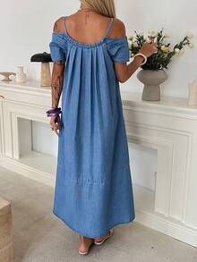 DAZY Women's Summer Spaghetti Strap Off-Shoulder Dress, Loose Straight Casual Denim Dress - Medium Wash - View 6