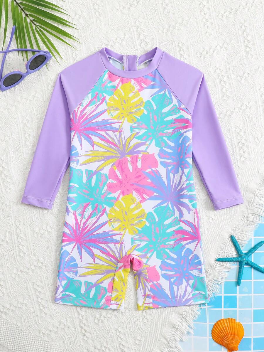 女童碎花长袖连体泳衣，休闲沙滩度假连体泳衣 - 彩色 - 查看 1