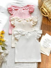 Vintaside Kids 3pcs Young Girls Minimalist Ruffle Collar Cap Sleeve Tops, Suitable For Daily Wear, Outings And Vacations, Spring/Summer - Multicolor - View 2