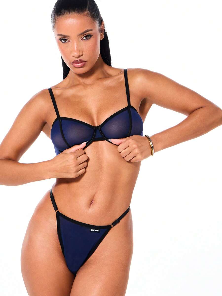 SUMWON WOMEN 半罩杯文胸和内裤套装，撞色包边细节，钢圈加厚支撑，贴身内衣 - 藍色 - 查看 1