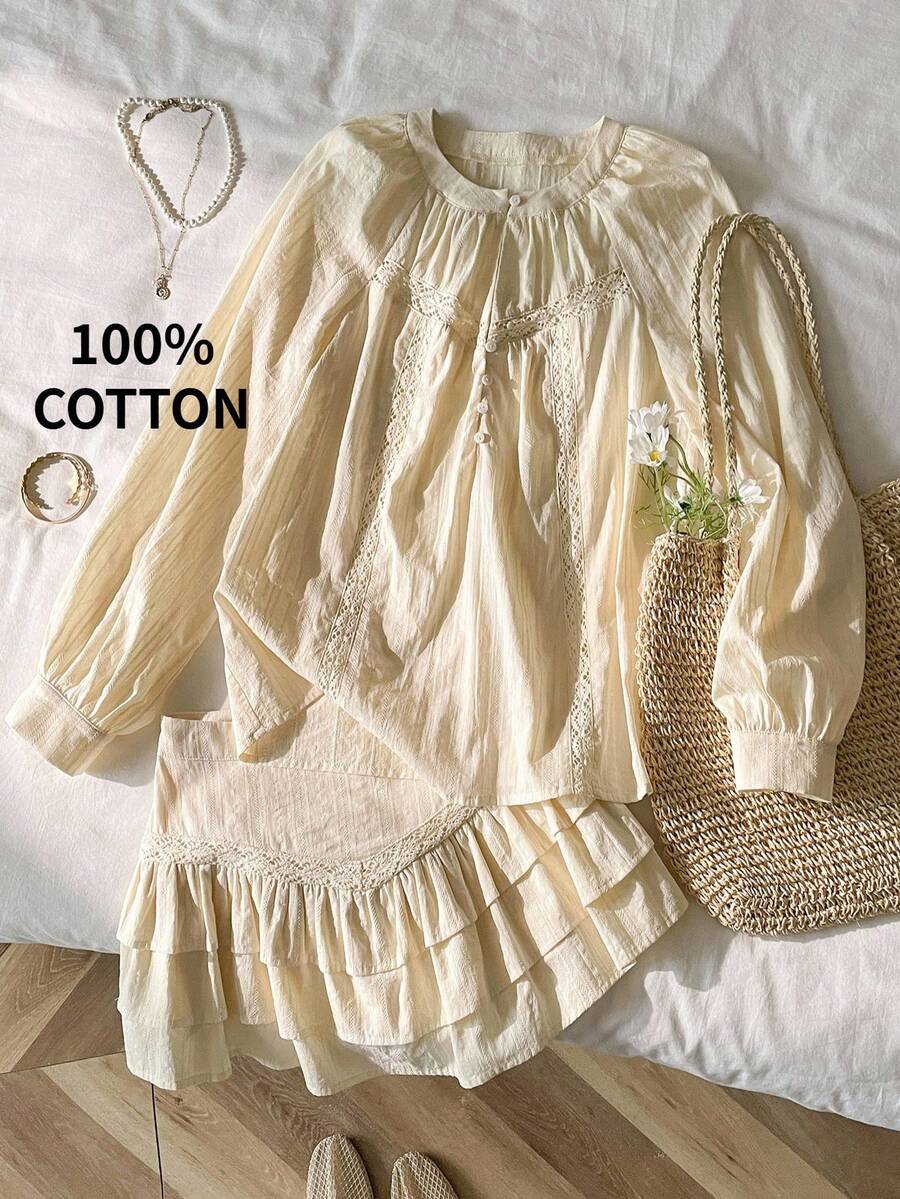 Muvela Váy xòe xếp tầng, dệt jacquard, màu be, kiểu dáng mới mùa Xuân/Hè 2026, dành cho nữ. - Vàng nhạt - Xem 1