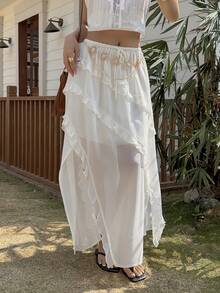 Livesso Spring & Summer White Ruffled Asymmetric Hem Casual Vacation Beach Chiffon Skirt, Elegant For Commuting, Romantic, Wedding - White - View 9
