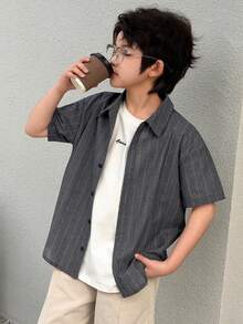 DAZY 男童条纹短袖单排扣休闲衬衫（夏季款） - 灰色 - 查看 5