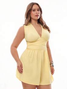 Solavibe Women Plus Size Butter Yellow Summer Romper,Smart Casual Sleeveless Solid Color Jumpsuit,Vacation Style Beach Holiday Outfits Curve Clothes - Yellow - View 7