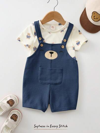 Cozy Pixies 2pcs Baby Boy Cartoon Bear Pattern Knit Soft Crew Neck Long Sleeve Pullover Top And Bib Overalls Pants Set