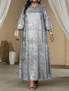 SHEIN Lady 秋冬季生日派对礼服 大码V领短袖简约亮面开衩长款休闲连衣裙 女士派对礼服 金色礼服 婚礼宾客礼服 教堂礼服 优雅女士服装 - 銀色 - 查看 4