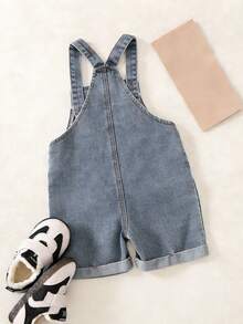 SHEIN 男童韩版休闲可爱百搭蓝色水洗牛仔背带裤（仅裤子） - 淺色水洗藍 - 查看 2