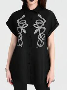 Breakform 女士哥特复古蛇纹印花翻领纽扣宽松衬衫 - 黑色 - 查看 6