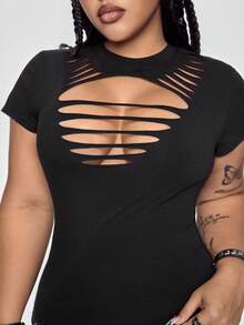 ROMWE Grunge Punk Plus Size Y2K Punk Sexy Distressed Design Fitted T-Shirt, Solid Color Versatile - Black - View 1