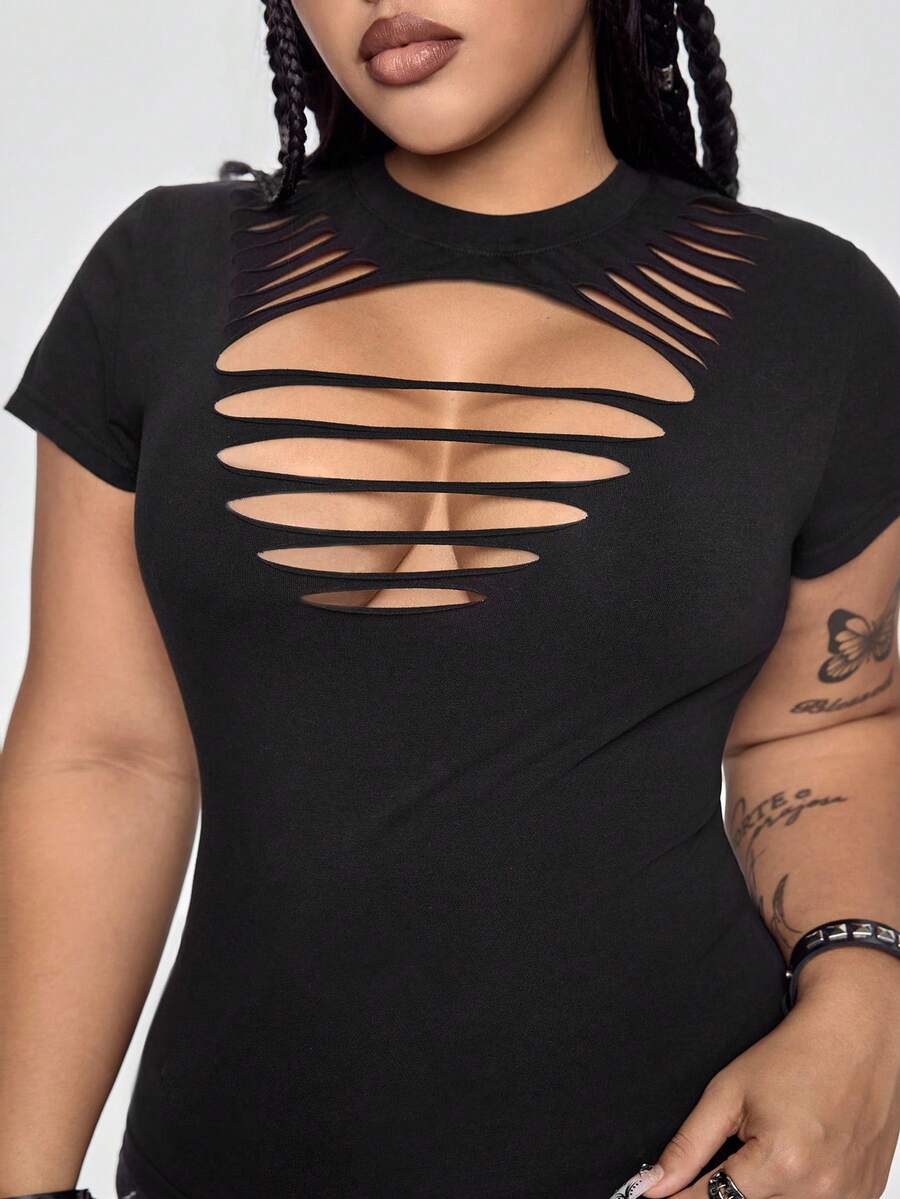 ROMWE Grunge Punk Plus Size Y2K Punk Sexy Distressed Design Fitted T-Shirt, Solid Color Versatile - Black - View 1