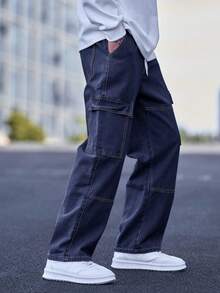 Manfinity Hypemode Loose Fit Men's Top-Stitching Drawstring Waist Cargo Jeans - Dark Wash - View 6