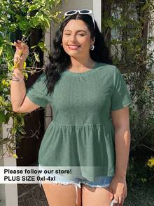 Solflare Kaos Lengan Pendek Ukuran Besar Leher Bulat Berlubang Bordir Warna Hijau Zaitun, Atasan Musim Panas - Olive Green - View 1