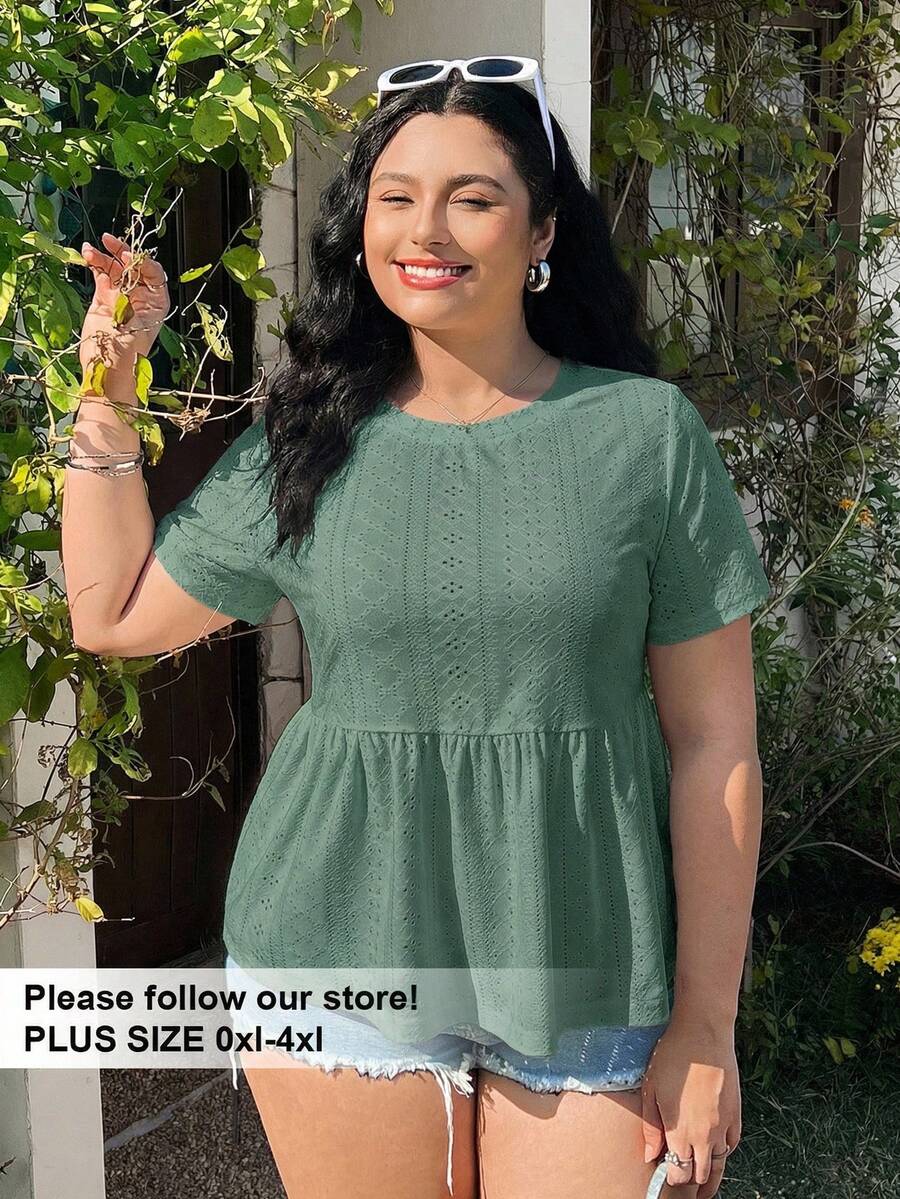 Solflare Kaos Lengan Pendek Ukuran Besar Leher Bulat Berlubang Bordir Warna Hijau Zaitun, Atasan Musim Panas - Olive Green - View 1