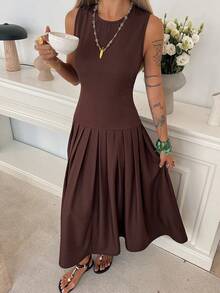 Livesso 优雅褶裥腰身中长连衣裙，适合夏季办公室和通勤穿着 - 咖啡棕 - 查看 3