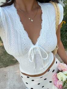 SHEIN EZwear Summer Women's White Lace Patchwork V-Neck Twist Front Fitted T-Shirt - White - View 1