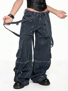 ROMWE Grunge Punk Celana Jeans Denim Ukuran Besar Longgar Model Dark Punk Super Heavy Metal dengan Desain Tali Grommet dan Lubang Tali Silang - Dark Wash - View 4
