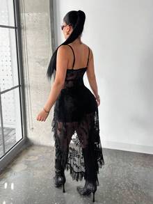 SHEIN SXY Women's Sexy Lace Ruffle Trim Long Camisole Top,Carnival,Party,Rave Outfit ,Summer, Spring,Beach,Going Out,Vacation,Y2K,Mesh ,Sheer,Black,Ruffles - Black - View 6