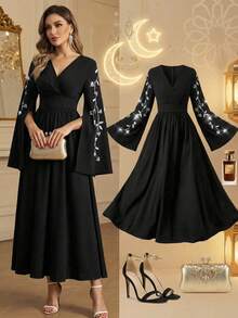 Ellevyn Đầm dài tay thêu cổ chữ V màu đen thanh lịch dành cho nữ, đầm tay dài sang trọng, đầm mùa xuân hè, đầm tay dài che bụng, đầm ngày Valentine, đầm lễ hội, đầm đính đá cho nữ, đầm đen thanh lịch, đầm đen đi nhà thờ, đầm đen cỡ lớn cho nữ, áo Abaya cao cấp cho nữ, áo Abaya đen, đầm tay dài thanh lịch, đầm dạ hội cao cấp cho nữ, đầm sang trọng, đầm tay đính cườm thủ công, đầm kín đáo. - màu đen - Xem 2