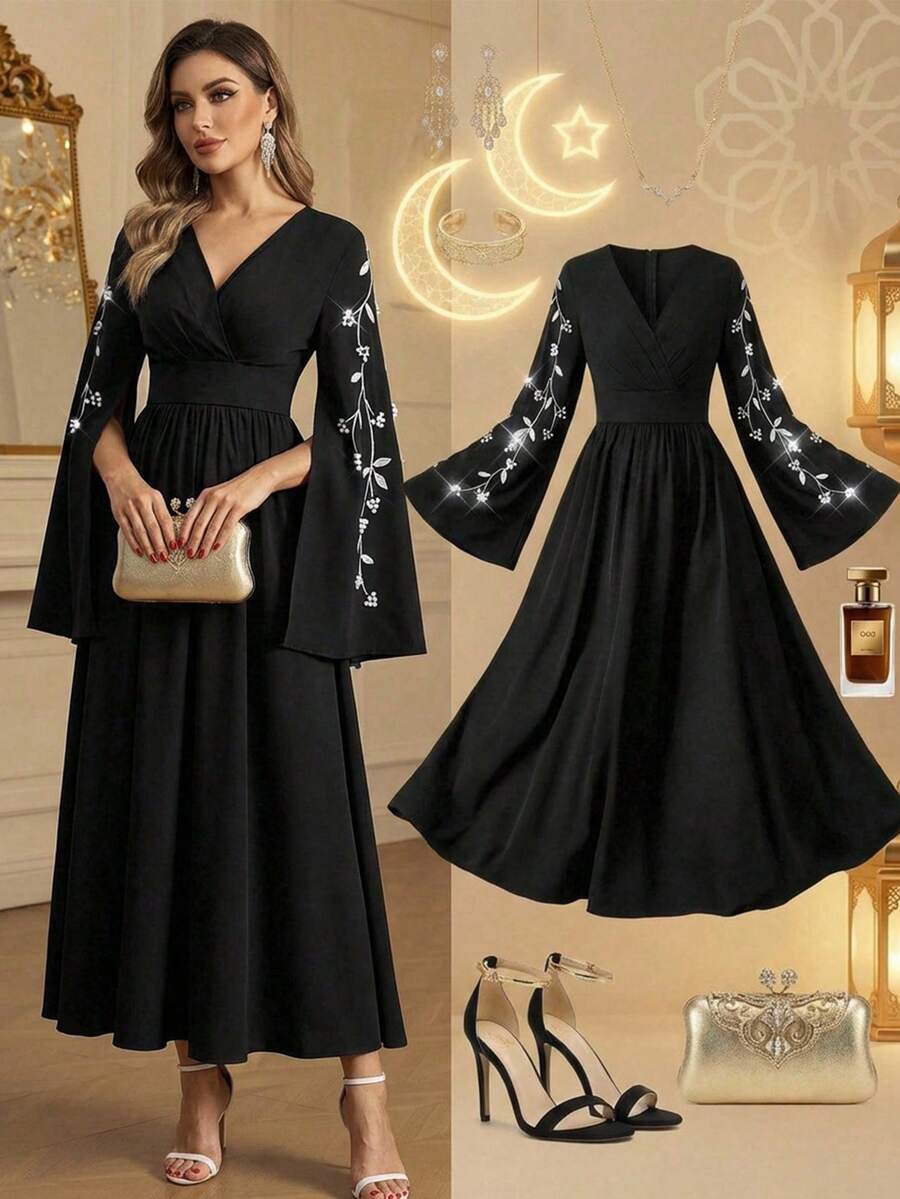 Ellevyn Đầm dài tay thêu cổ chữ V màu đen thanh lịch dành cho nữ, đầm tay dài sang trọng, đầm mùa xuân hè, đầm tay dài che bụng, đầm ngày Valentine, đầm lễ hội, đầm đính đá cho nữ, đầm đen thanh lịch, đầm đen đi nhà thờ, đầm đen cỡ lớn cho nữ, áo Abaya cao cấp cho nữ, áo Abaya đen, đầm tay dài thanh lịch, đầm dạ hội cao cấp cho nữ, đầm sang trọng, đầm tay đính cườm thủ công, đầm kín đáo.