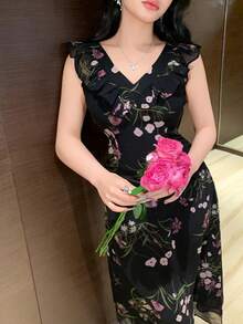 DAZY Women's Elegant Floral Print Ruffle Trim Square Neck Dress, Summer - Black - View 1