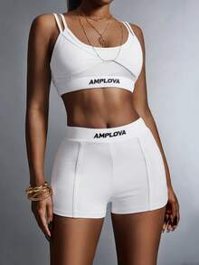 Amplova 女款夏季休閒字母印花短版背心與短褲兩件套，黑白配色，牛仔風，健身單車短褲短版上衣，度假海灘穿搭 - 黑與白 - 查看 10