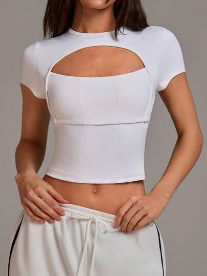 Athîral Women's Casual Solid Color Round Neck Short Sleeve Cropped Hollow Out Sports Top