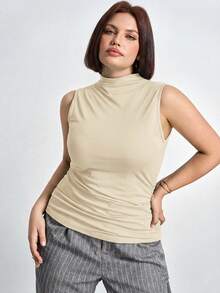 Chikora Plus Size Ruched Slim Fit Stand Collar Tank Top Concert Women,Business Casual Tank Top - Apricot - View 3