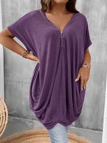 SHEIN LUNE Blusa feminina plus size casual de cor sólida com manga morcego, blusa feminina plus size casual de verão, blusa feminina plus size. - Roxo Lilás - Ver 6