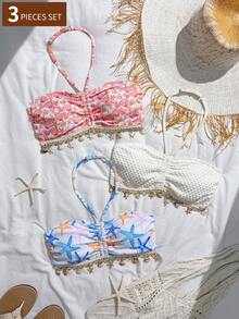 SHEIN 3pcs Tween Girl White Starfish & Seashell Print Knit Swimwear Set,Boho Summer Vacation Holiday Beach Tops,Pool Party Quick-Dry Elastic Bathing Suits - Multicolor - View 1
