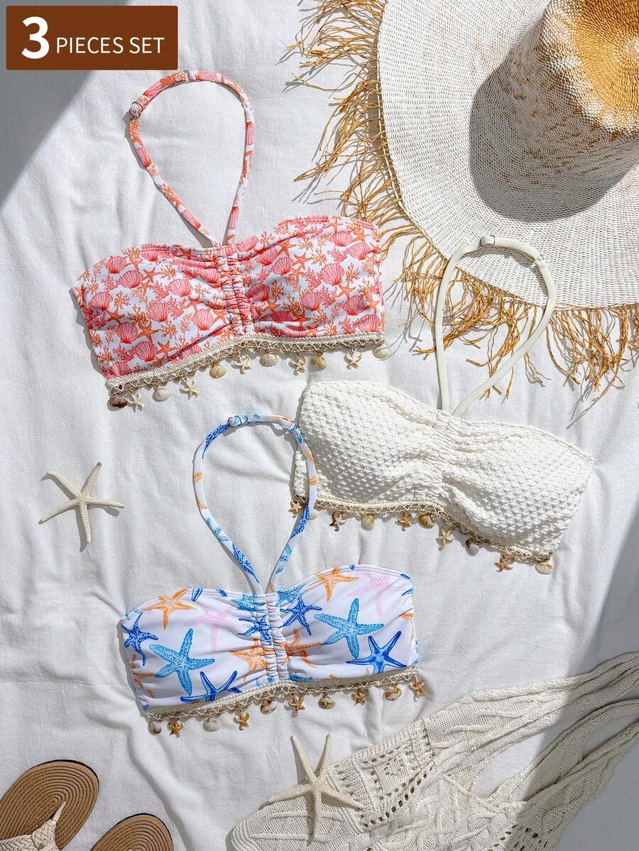 SHEIN 3pcs Tween Girl White Starfish & Seashell Print Knit Swimwear Set,Boho Summer Vacation Holiday Beach Tops,Pool Party Quick-Dry Elastic Bathing Suits - Multicolor - View 1