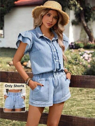 Breezaya Women's Loose Casual Denim Shorts With Ruffled Elastic Waistband