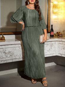 Reflora Plus Size Elegant Solid Color Dress, Suitable For Party Fall - Olive Green - View 5