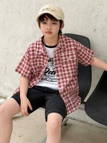 DAZY Tween Boy Plaid Short Sleeve Single-Breasted Pocket Casual Shirt - Red - View 3