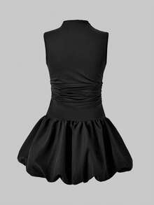 Tween Girls' Elegant Bowknot Collar Sleeveless Fitted Low Waist Bubble Hem Short Dress, Suitable For Vacation And Evening Party, Spring/Summer - Black - View 5