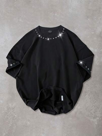  SUMWON Oversized Crew Neck Short Sleeve T-Shirt With Metal Studded Neckline And Sleeve Hem Details Casual Streetwear Top Plain