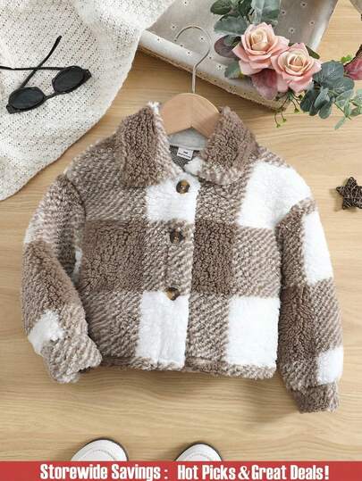 SHEIN Explorewe Young Girl Buffalo Plaid Print Drop Shoulder Teddy Jacket