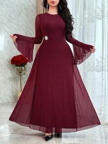 Feyla Vestido de mujer de unicolor elegante con decoración de rhinestones y mangas acampanadas - Burdeos - Ver 1