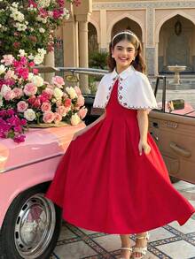 SHEIN 女童针织开衫披肩斗篷+红色吊带连衣裙两件套公主裙，女童翻领斗篷外套收腰公主裙套装，优雅淑女气质~ - 紅色 - 查看 1