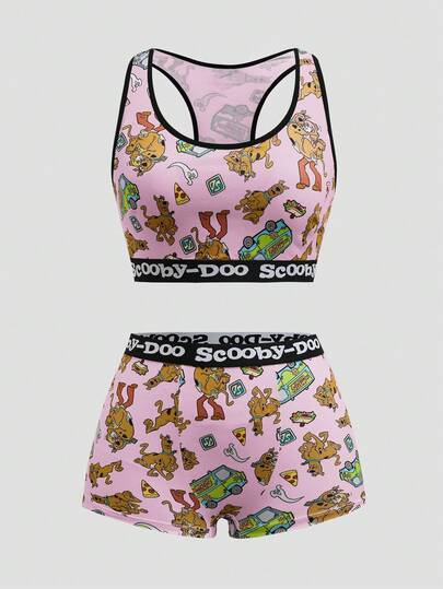 SCOOBY-DOO X SHEIN Women's Round Neck Cartoon Letter Print Bra And Briefs Casual Cute Lingerie Set