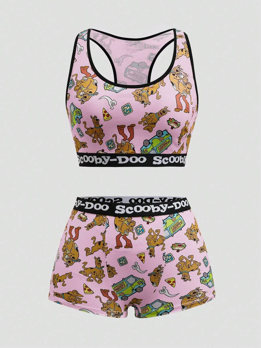 SCOOBY-DOO X SHEIN Women's Round Neck Cartoon Letter Print Bra And Briefs Casual Cute Lingerie Set - Pink - View 1