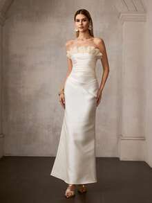 MOTF Soiréza WOMEN'S ELEGANT FORM-FITTING STRAPLESS MAXI SATIN DRESS – RUFFLED NECKLINE, CHEST RUCHING, MERMAID HEM WITH SUPER FULL TRAIN | PERFECT FOR WEDDINGS, GALAS, VALENTINE'S & ANNIVERSARY - Apricot - View 4