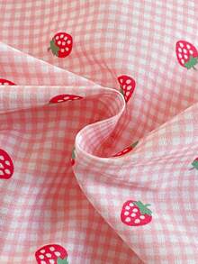 Baby GirlSweet Cute Pink & White Plaid Strawberry Print Woven Fabric Round Neck Drawstring Design Back Collar Open Water Drop Mushroom Button Decorative Cap Sleeve Knee-Length Dress Baby Girl Pink Summer Dress Strawberry Baby Dress Pink Strawberry Dress - Pink - View 5