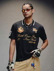 PAVTROS Áo thun nam tay ngắn cổ kéo khóa nửa thân, in chữ, kiểu dáng thường ngày, thích hợp cho mùa hè. - màu đen - Xem 3