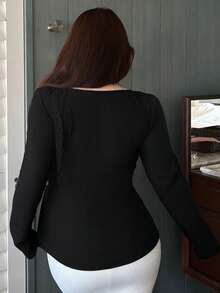 Dazy Plus Tricou negru cu mânecă lungă, model patchwork din dantelă, mărime plus - Gri - Vizualizare 5