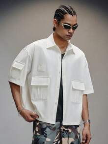 PAVTROS Men's Loose Fit White Utility Short Sleeve Shirt With Multiple Pockets - White - View 4