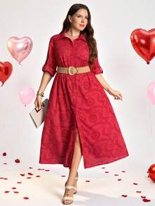 Comfylo Vestido casual versátil de talla grande con botones frontales y diseño hueco de unicolor - Rojo - View 5