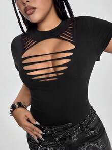 ROMWE Grunge Punk Plus Size Y2K Punk Sexy Distressed Design Fitted T-Shirt, Solid Color Versatile - Black - View 3