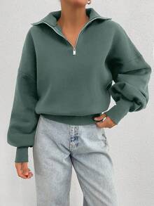SHEIN Cottnline 100% Cotton Collar With Zipper Pattern Oversize Sweatshirt - Mint Green - View 3