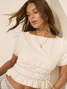 Aralina ROUND NECK CAP SLEEVE SHIRRED TOP WITH SIDE TIES WHITE WITH BLACK CONTRAST STITCHING - White - View 4