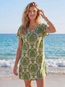 Wildy Summer Allover Print Notched Neck Batwing Sleeve Tunic Dress,Summer Dresses For Women - Green - View 4